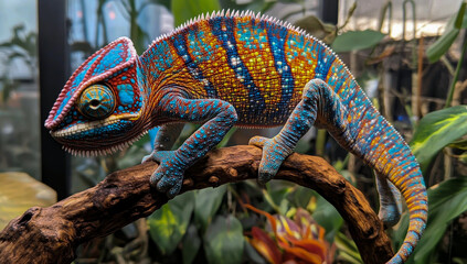 A lively chameleon tilts its head, displaying intricate patterns and bright colors on its skin.