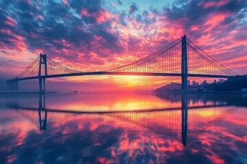 Obraz premium Colorful sunset sky over a bridge and river