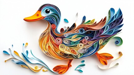 Obraz premium Colorful Paper Duck Artwork With Abstract Water Design On A White Background.