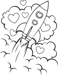 Heart-Shaped Rocket Ship Blast Off Line Art | Space Vector Illustration