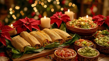Holiday Tamales Feast With Poinsettias And Candles Displayed On Wooden Tray For Christmas Dinner.