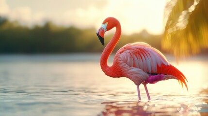 Pink Flamingo in Tropical Lagoon