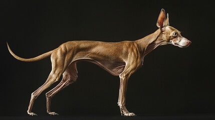Fototapeta premium Standing Canine With Light Brown Fur In Profile View Against A Solid Dark Background Image.
