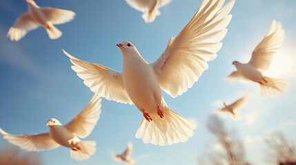 Fototapeta premium White doves in flight, sunny sky.