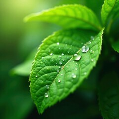 Fototapeta premium Sparkling droplets dance on the surface of wet leaves, Green Leaves, Summer Rain