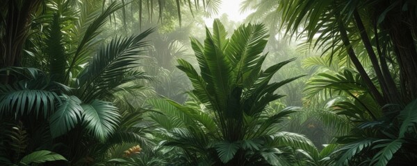 Palm fronds and exotic leaf species growing together in a vibrant jungle atmosphere, jungle, tropical, vegetation