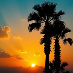 Palm tree leaf silhouettes against sunset background, landscape, green