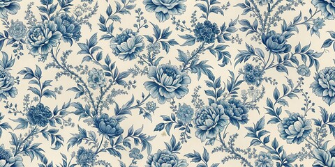 French Toile-Style Blue Floral Pattern on Light Beige Seamless Background, beige, seamless,  beige, seamless, fabric, home