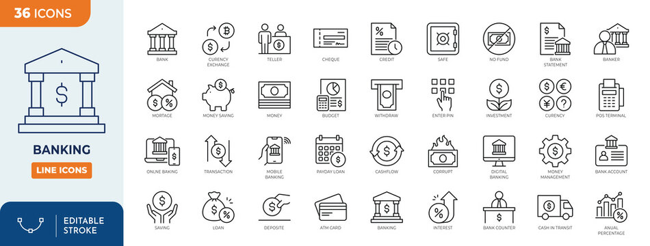 Banking icon set. Containing Bank, Currency Exchange, Cheque, Security Guard, Money Transfer, Loan, Mobile Banking. Outline Icon Collection. Vector illustration. Editable stroke	