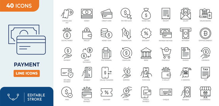 Payment icon set. Business and finance payment related icons collection. Containing money, banking, transaction, exchange, cash and more. Outline Icon Collection. Vector illustration. Editable stroke	