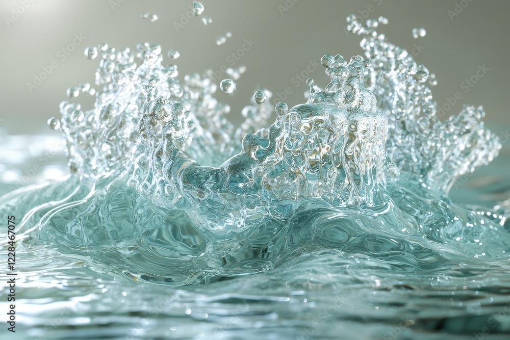 Poster splashing water creates dynamic ripples and bubbles in a serene setting.