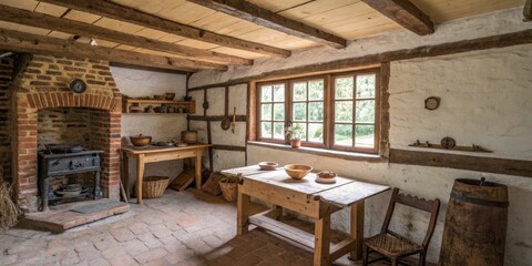 Rustic kitchen interior with wooden beams and traditional cooking stove in a cozy countryside setting