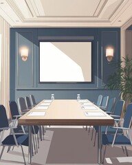 Hotel conference room with large table and presentation screen