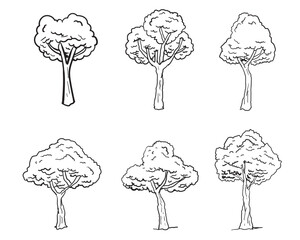 Set of Tree sketch hand drawn outline style. vector illustration. 