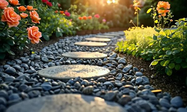 Sunset garden path stone steps flowers landscaping