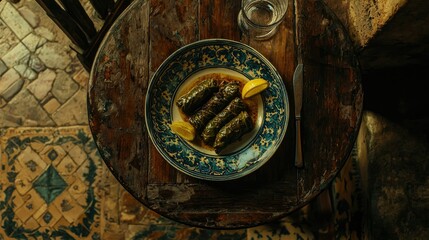 Naklejka premium Overhead shot of dolmas on a rustic table.