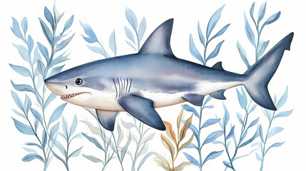 Watercolor hand drawn illustration underwater animals cute shark marine wild life children clip art for textile, decoration, posters, inviation, greeting cards. Wild Lagoon. Illustration