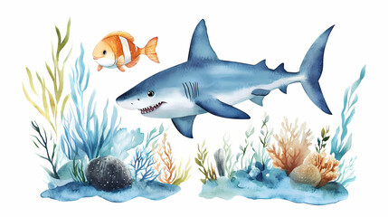 Obraz premium Watercolor hand drawn illustration underwater animals cute shark marine wild life children clip art for textile, decoration, posters, inviation, greeting cards. Wild Lagoon. Illustration