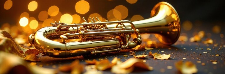 Obraz premium Shimmering golden foil wraps around a beautiful music instrument, melody, gold foil background, light reflections