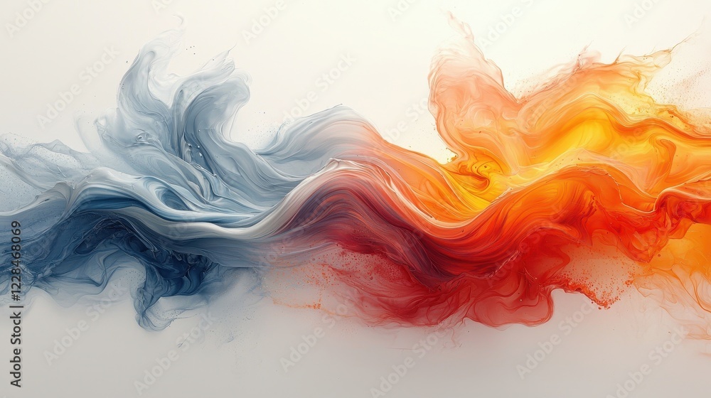 Poster abstract waves of blue and orange fluidity blending in a dynamic composition.