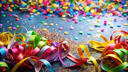 Obraz premium Vibrant ribbons and confetti on a background, colorful, celebration, party, festive, decorations, fun, joyful, happy, event