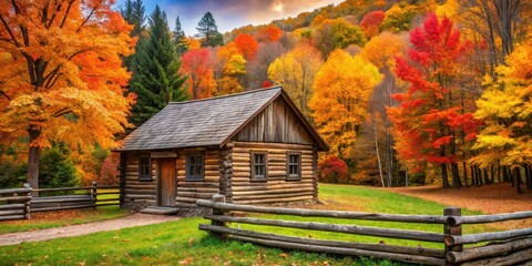 Cozy cabin surrounded by colorful fall foliage and a rustic wooden fence, rustic, fall, autumn, background, cozy, cabin