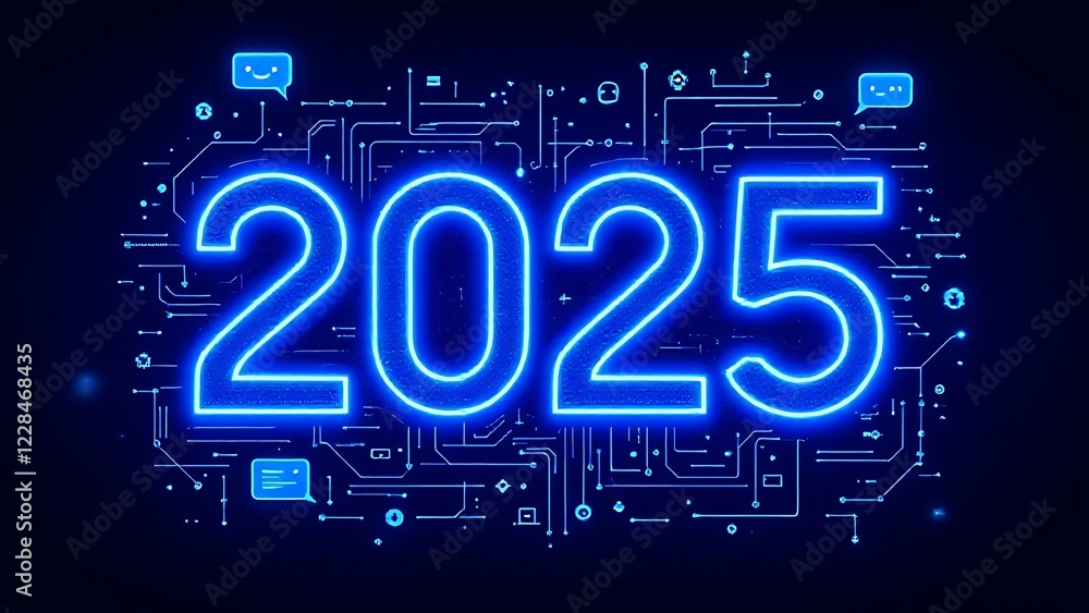 Poster neon futuristic 2025 digital concept with robot icon and ai symbols on dark background. 3d rendering