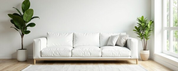 Simple white sofa in room with minimal decor, modern style, interior design concept, white sofa minimalist decor