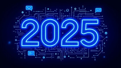 Obraz premium Neon futuristic 2025 digital concept with robot icon and AI symbols on dark background. 3D Rendering