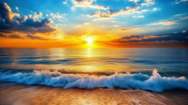 Golden sunrise over ocean waves crashing on sandy shore, seamless looping HD video background for nature scenes and relaxation footage.