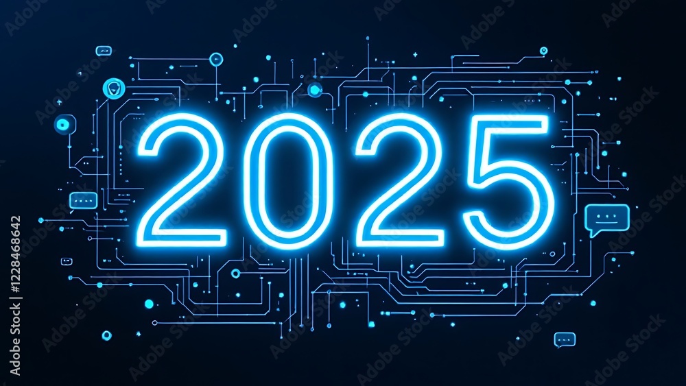 Poster neon futuristic 2025 digital concept with robot icon and ai symbols on dark background. 3d rendering