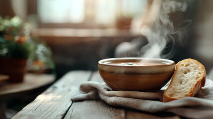 Steaming Bowl of Homemade Soup with Crusty Bread on a Rustic Wooden Table