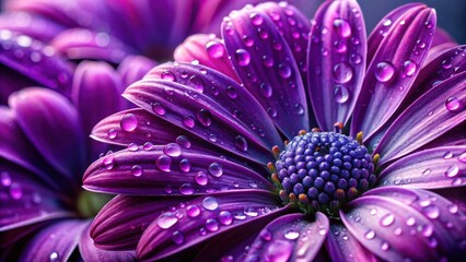 Vibrant purple flower petals and leaves with dew drops, purple, flower, petals, leaves, vibrant, dew drops, nature, botanical