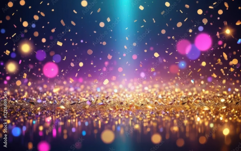 Poster dark blue abstract background with glowing floating particles, futuristic light effect