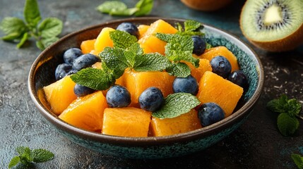 Fresh fruit salad with cantaloupe, blueberries, and mint.