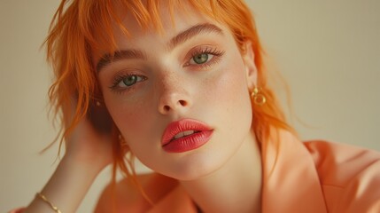 Naklejka premium Close-up of a young woman with vibrant orange hair, wearing peach attire. Perfect for beauty, fashion, or summer themed projects.