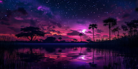 Naklejka premium A stunning night sky filled with stars and moon, landscape reflected in calm water.