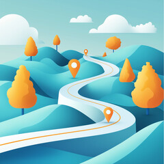 Illustration of a winding road with location pins among stylized hills and trees, blue sky background, concept of navigation. Generative AI - 