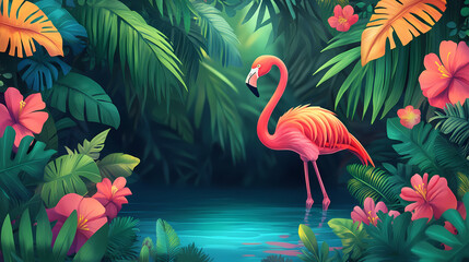 A flamingo wandering near a lagoon surrounded by tropical plants and flowers. Wild Lagoon. Illustration