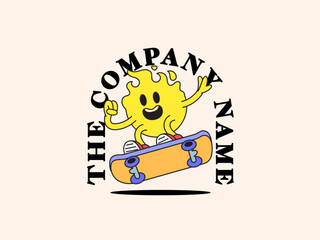 Skateboarding sun high flying cartoon logo hand drawn retro mascot character vector for skate shops, outdoor sports brands