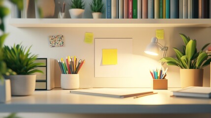 Cozy Home Office Workspace at Night: Desk with Plants, Books, and Warm Lighting