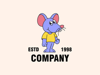 Happily mouse with yellow shirt cartoon logo hand drawn retro mascot character vector for toy brands, children’s apparel