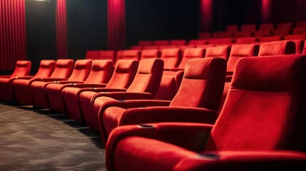 Obraz premium Line of unoccupied red velvet seats in an awards theater. Music ceremony celebration industry honor