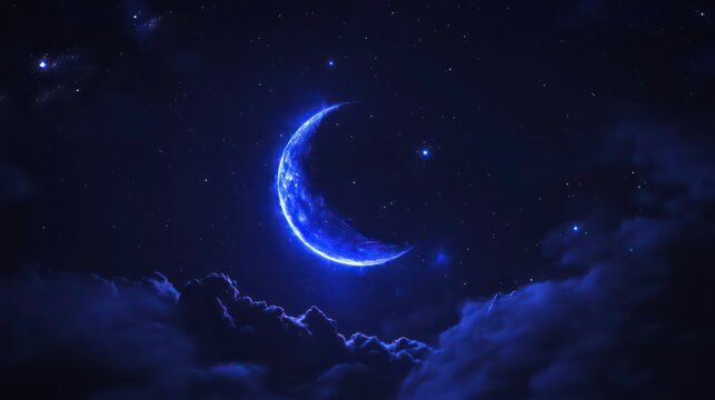 Shiny surreal blue moon glowing in the dark night sky with stars and clouds background for space, galaxy, astronomy concept