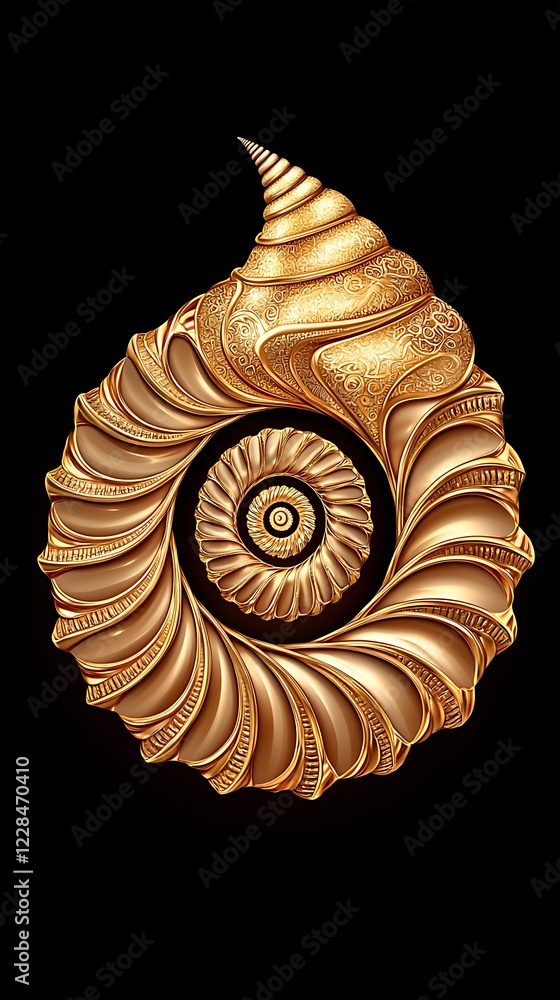 Poster intricate golden shell design with curved patterns on a black background for visual impact, longevit