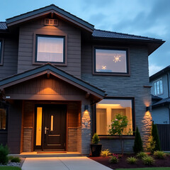 Luxury Modern Home Exterior at Night. Contemporary Architecture, Stunning Facade, and Well-Landscaped Garden. Real Estate Photography