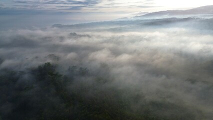 Drone view of hills with forests and trees with morning mist above with a mountainous background in the morning