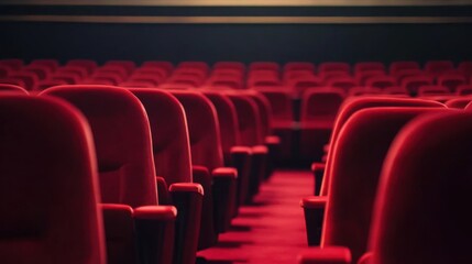 Line of unoccupied red velvet seats in an awards theater. Music ceremony celebration industry honor