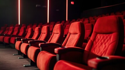 Line of unoccupied red velvet seats in an awards theater. Music ceremony celebration industry honor