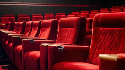 Line of unoccupied red velvet seats in an awards theater. Music ceremony celebration industry honor